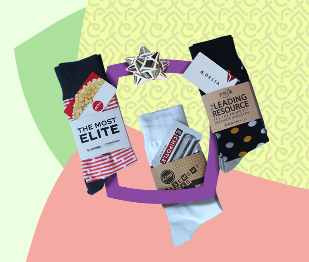 custom socks with Chipotle, AMC, and Delta gift cards