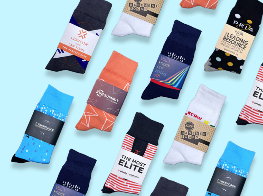 grid of custom logo socks on blue background